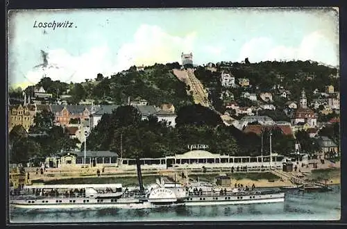 AK Dresden-Loschwitz, Blick zur Berg-Schwebebahn, Dampfer Leitmeritz auf der Elbe