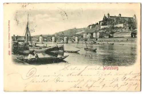 Relief-AK Würzburg, Blick vom Main zur Festung Marienberg