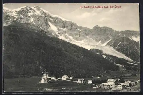 AK St. Gertraud-Sulden, Ortsansicht aus der Vogelschau mit Ortler