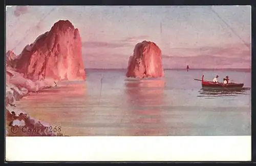 Künstler-AK Capri, Panorama mit Boot