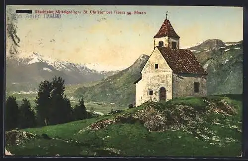 AK St. Christof bei Tisens, Kirche gegen Meran, Etschtaler Mittelgebirge