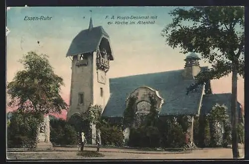 AK Essen /Ruhr, F. A. Krupp-Denkmal mit ev. Kirche im Altenhof