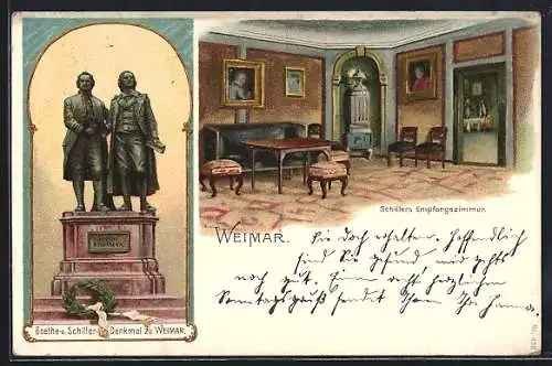 Lithographie Weimar / Thüringen, Goethe- und Schiller-Denkmal, Schillers Empfangszimmer