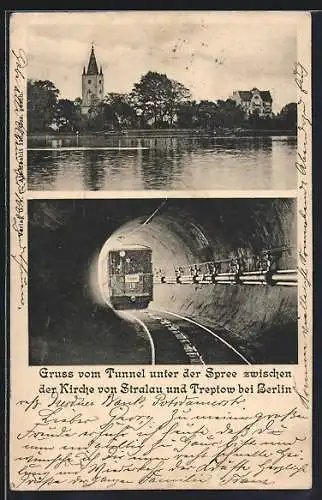 AK Berlin-Treptow, U-Bahn-Tunnel unter der Spree, Stralau mit Kirche