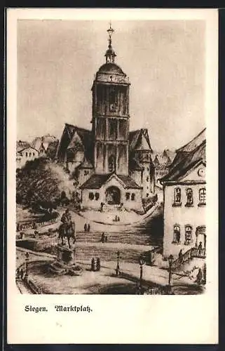 Künstler-AK Siegen, Marktplatz mit Kirche