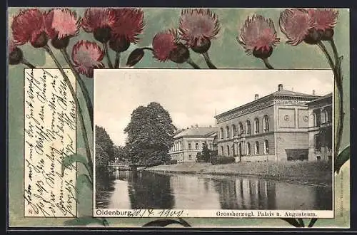 Lithographie Oldenburg / O., Grossherzogl. Palais und Augusteum, florales Passepartout