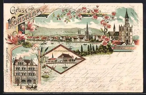 Lithographie Konstanz, Rathaus, Münster, Bodensee