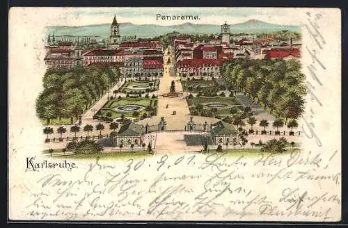 Lithographie Karlsruhe, Panoramablick aus der Vogelschau