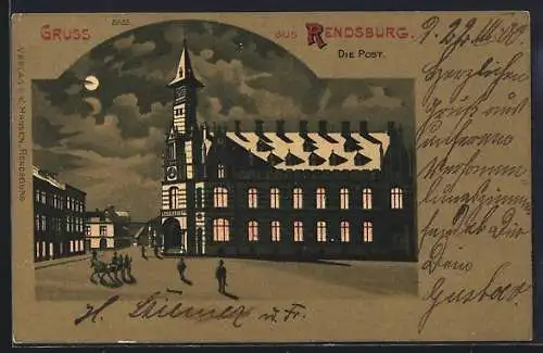 Lithographie Rendsburg, Post mit Strassenansicht