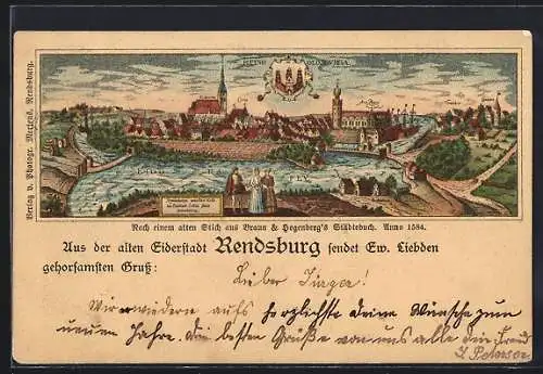 Lithographie Rendsburg, Adlige vor dem Stadtpanorama