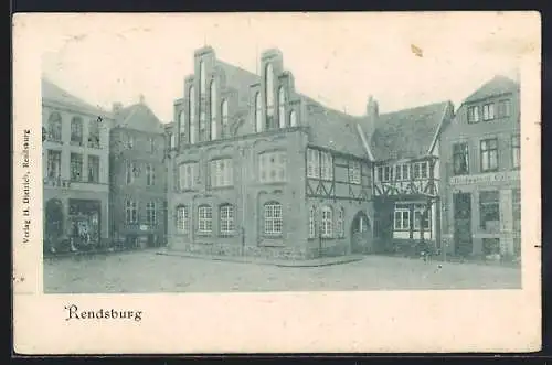 AK Rendsburg, Partie vorm Rathaus mit Restaurant-Cafe