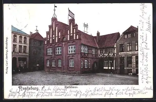 AK Rendsburg, Rathaus und Restaurant-Café C. Rodeck