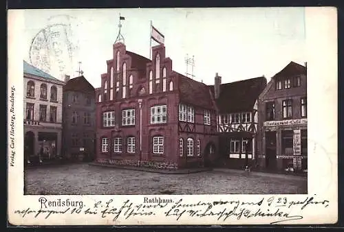 AK Rendsburg, Rathaus und Restaurant-Café C. Rodeck