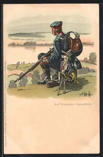 Lithographie Infanterist in Uniform auf Vorposten