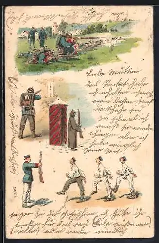 Lithographie Infanterie bei Schiessübungen und beim Exerzieren