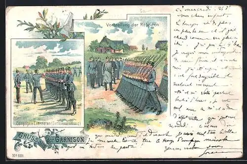 Lithographie Infanterie beim Compagnie Exerzieren, Vorstellung der Rekruten