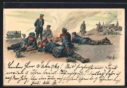 Lithographie Infanterie beim Biwakieren