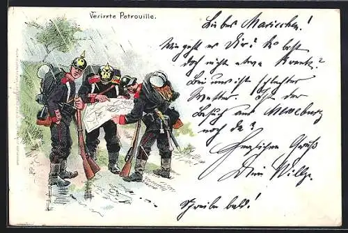 Lithographie Verirrte Infanterie-Patrouille im Regen