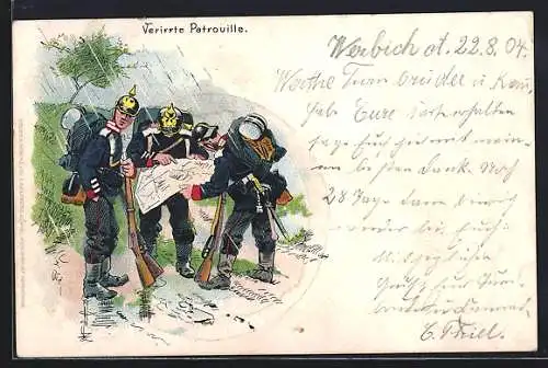 Lithographie Verirrte Infanterie-Patrouille mit Landkarte