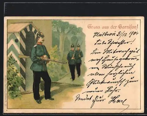 Lithographie Infanterie Wachsoldat in Uniform mit Pickelhaube