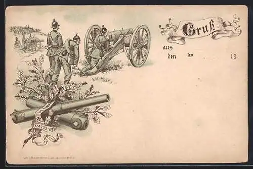 Lithographie Soldaten an einem Geschütz