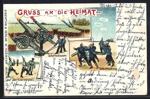 Lithographie Artillerie-Soldaten auf dem Exerzierplatz, beim Scharfschiessen und bei einer Gefechtsübung