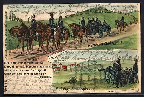 Lithographie Artillerie, Marsch zum Schiessplatz, Schiessplatz mit Zieldorf