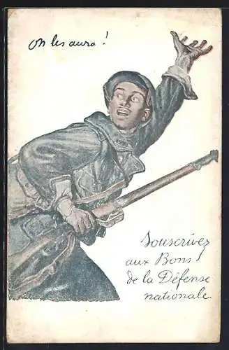 Künstler-AK Französischer Soldat ruft nach Nachschub, Kriegsanleihe