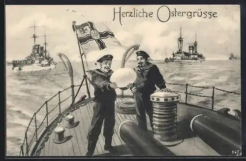 AK kaiserliche Marine, Matrosen mit riesigem Osterei an Deck eines Kriegsschiffes