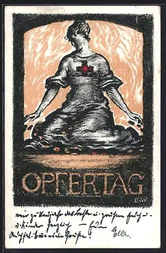 Künstler-AK Opfertag 1917, Bayer. Landeskomitee vom Roten Kreuz, Frau sammelt Geld vom Boden auf