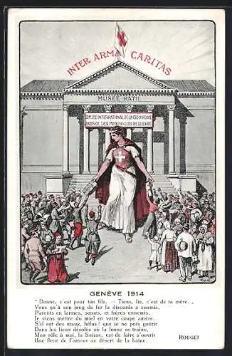 AK Genéve, Inter Amra Caritas 1914, Botschafterin des Roten Kreuzes verteilt Spenden an das Volk