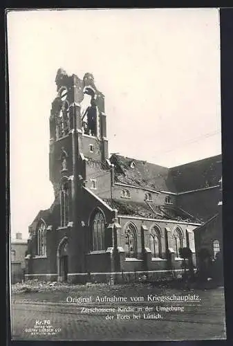 AK Lüttich, Zerschossene Kirche in der Umgebung der Forts