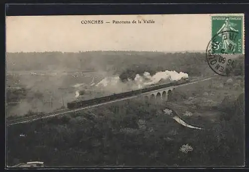 AK Conches, Panorama de la Vallée avec train à vapeur sur le viaduc