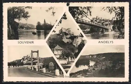 AK Andelys, Souvenir avec vues du pont et de la campagne environnante