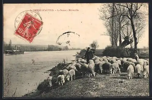 AK Saint-Pierre-d`Autils, La Seine à Méreville avec troupeau de moutons au bord de l`eau