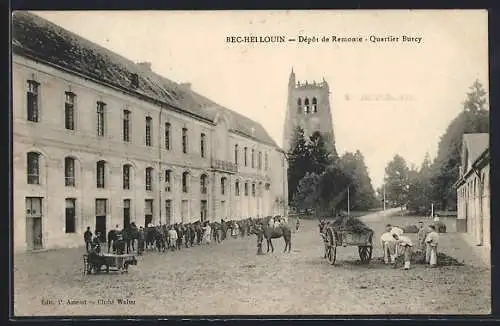 AK Bec-Hellouin, Dépôt de Remonte, Quartier Bucy avec chevaux et charrettes