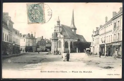 AK Saint-André-de-l`Eure, Place du Marché avec église et bâtiments environnants