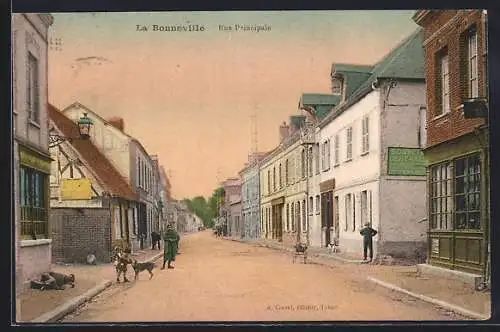 AK Bonneville, Rue Principale animée avec passants et chiens