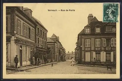 AK Verneuil, Rue de Paris avec le Café Francois et passants