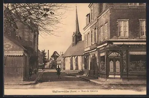 AK Thiberville, Rue de Lisieux avec vue sur l`église et commerces