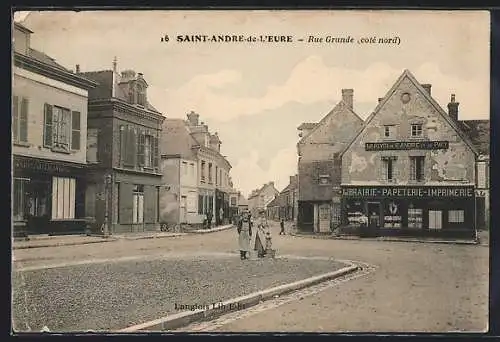 AK Saint-André-de-l`Eure, Rue Grande (côté nord) mit Geschäften und Fussgängern