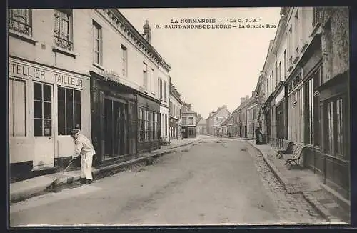 AK Saint-André-de-l`Eure, La Grande Rue avec des boutiques et un balayeur