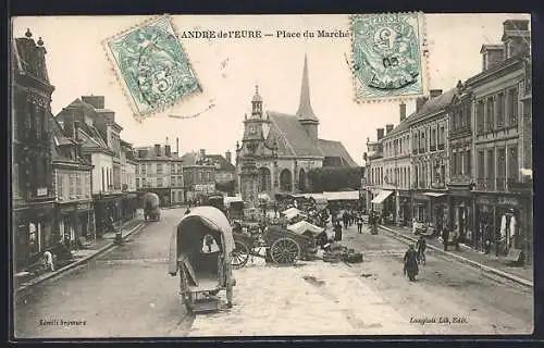 AK Saint-Andre-de-l`Eure, Place du Marché animée avec église et chariots