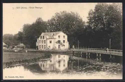 AK Ézy-sur-Eure, Usine Desorges et le pont sur la rivière