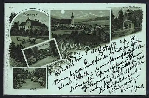 Mondschein-Lithographie Purgstall, Steinfelder Kapelle, Schloss, Erlauf-Steg