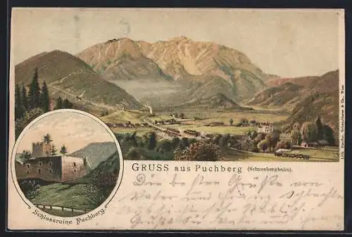 Lithographie Puchberg, Schlossruine, Panoramablick auf Ort und Berge