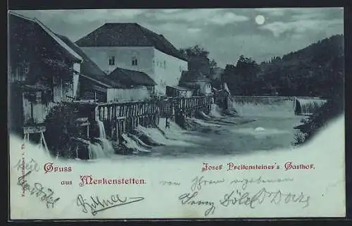 Mondschein-AK Purgstall an der Erlauf, Merkenstetten, Josef Preitensteiners Gasthof