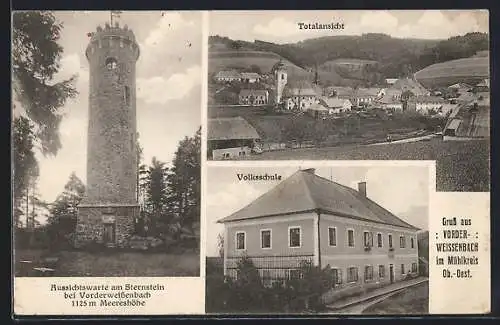 AK Weissenbach im Mühlkreis, Aussichtswarte am Sternstein, Volksschule, Ortsansicht