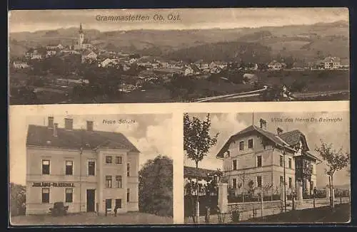 AK Gramastetten, Totalansicht, Neue Schule, Villa des Herrn Dr. Beimrohr