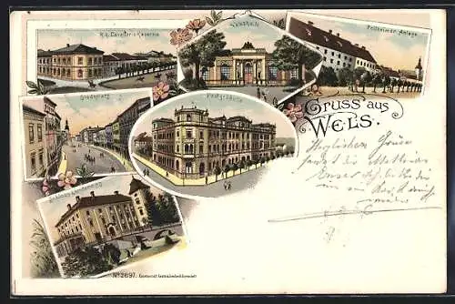 Lithographie Wels, Postgebäude, Stadtplatz, K. k. Cavallerie-Kaserne, Volkshalle